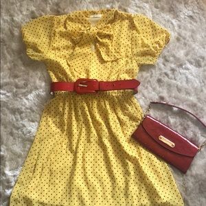 Bright yellow & black Swiss dot dress with bowtie puff sleeves summer dress